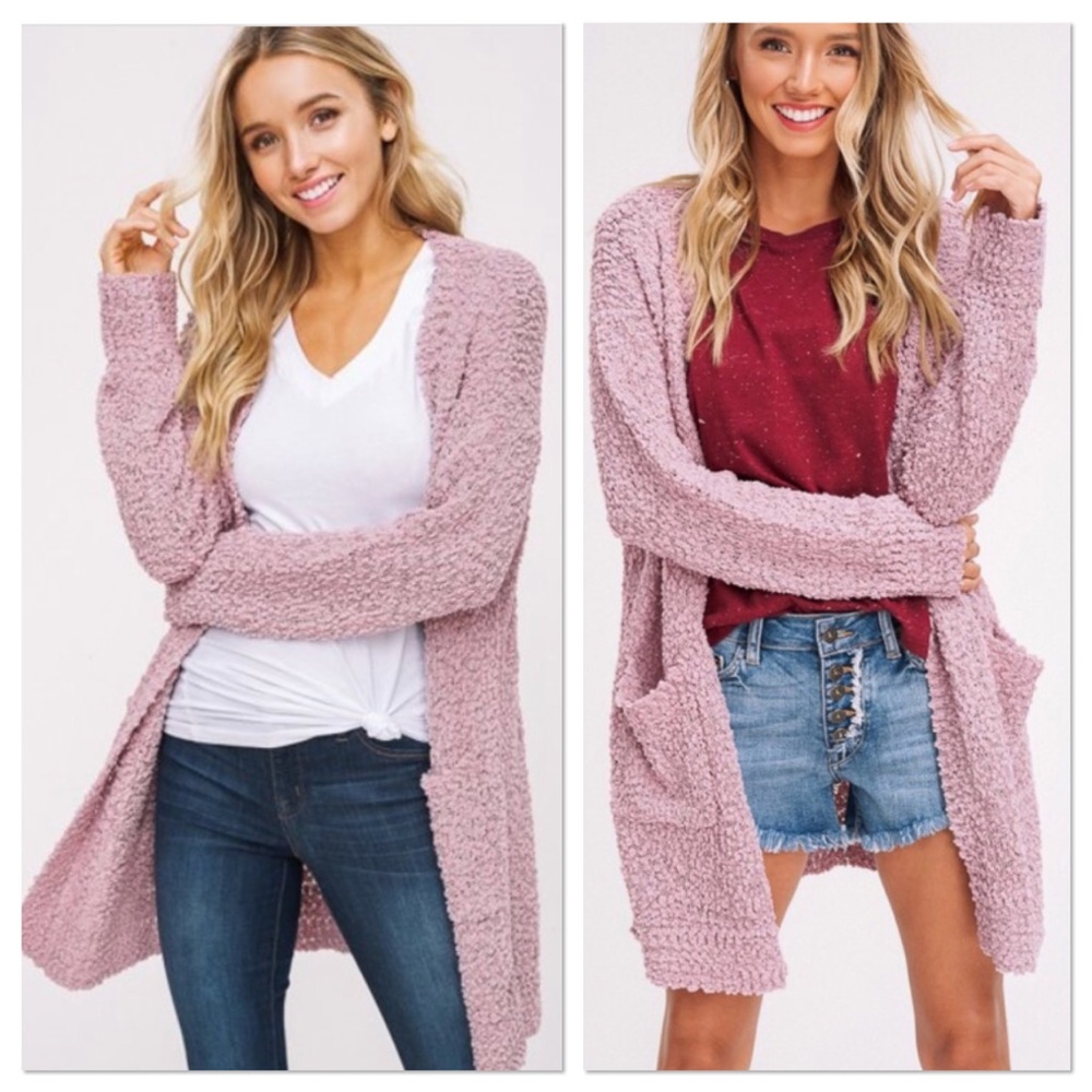 SALE! Mauve Popcorn Chunky Knit Sweater Cardigan - Picture 3 of 6